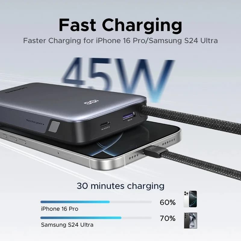 POWER BANK Ugreen "PB536", 20000mAh, 45W PD3.0, 1 x USB, 1 x USB Type-C, 1 x USB Type-C cablu integrat, display, gri, "55988B" — miniatură