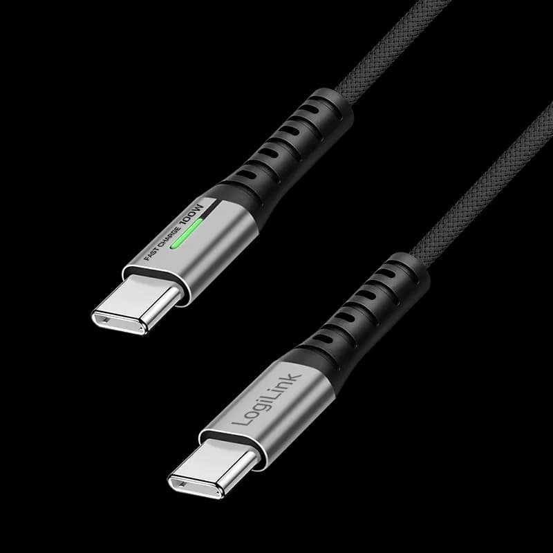 CABLU alimentare si date LOGILINK, pt. smartphone, USB 3.2, USB Gen Type-C (T) la USB Type-C (T), 1m, PD 100W, 4K, LED, 3 x ecranat, 20Gbps, metal, negru&gri, "CU0432"