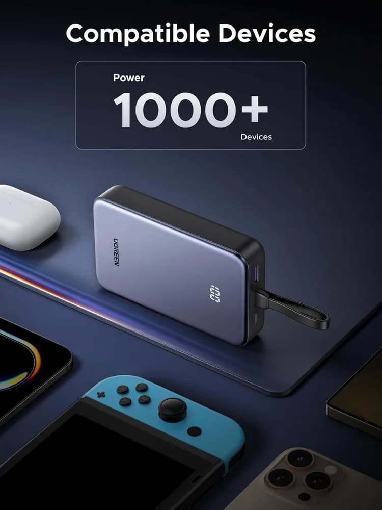 POWER BANK Ugreen "PB505", 20000mAh, 20W, 1 x USB Type-C input/output, cablu USB Type-C integrat, gri "45762" — miniatură