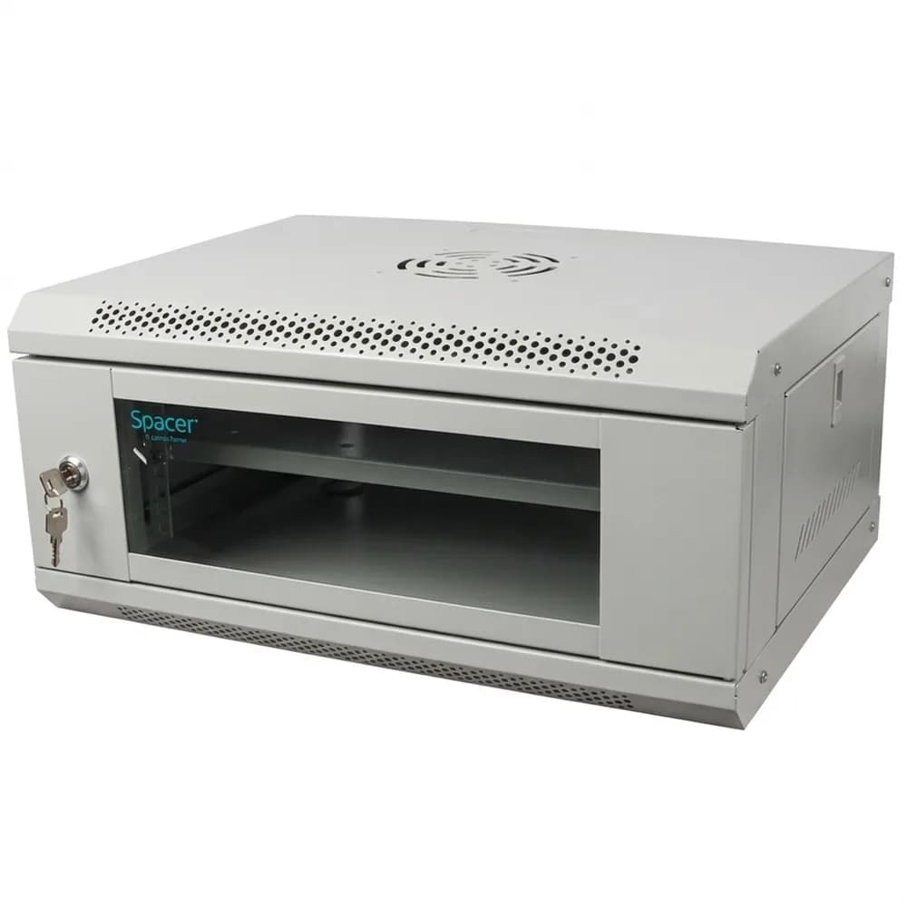 CABINET 19" SPACER 4U 500x450mm, fixare pe perete, Flatpack (dezasamblat), Grey, usa sticla cu blocare, panouri detasabile, otel 1mm, sarcina maxima 25Kg, contine un raft, "SPCW-4U-450-GR-02"