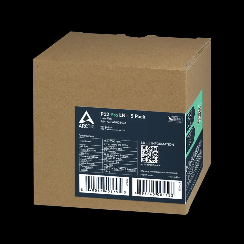 Set 5 ventilatoare Arctic "P12 Pro LN - 5 Pack", 120mm, 450 - 2000 RPM, FDB, 49 cfm, 4-Pin Fan Plug, negru, "ACFAN00349A" — miniatură