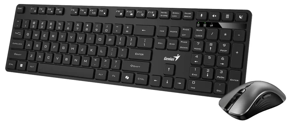 KIT wireless GENIUS, tastatura wireless 104 taste (slim) + mouse wireless 1200dpi, 3 butoane, 11 taste functii multimedia, silent, AI key, black, "KM-8216S", SmartGenius app "31340018400"