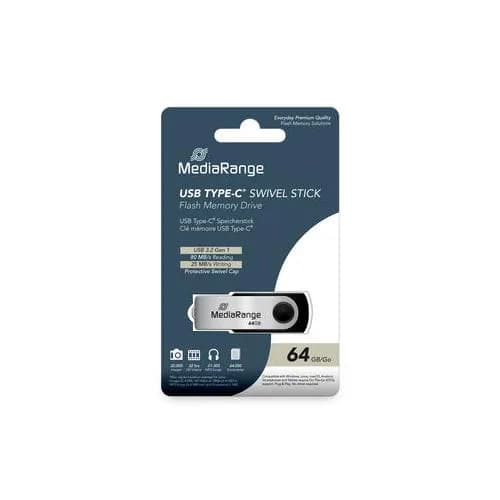 MediaRange USB 3.2 Gen 1 Type-C Flash Memory Drive, Swivel Housing, Black/Silver, 64GB "MR1953"