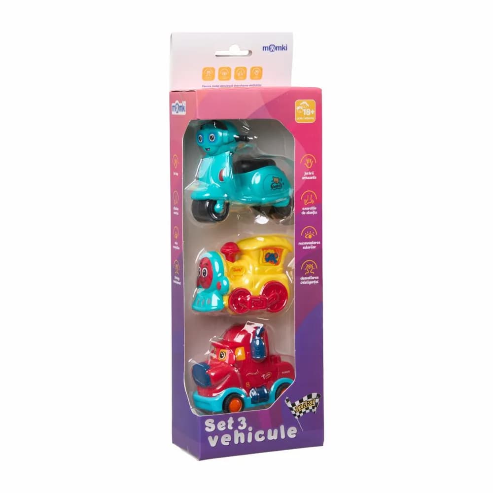 SET 3 VEHICULE ACTIONATE PRIN INERTIE- MASINUTA ROSIE, TREN GALBEN, SCUTER ALBASTRU,MOMKI