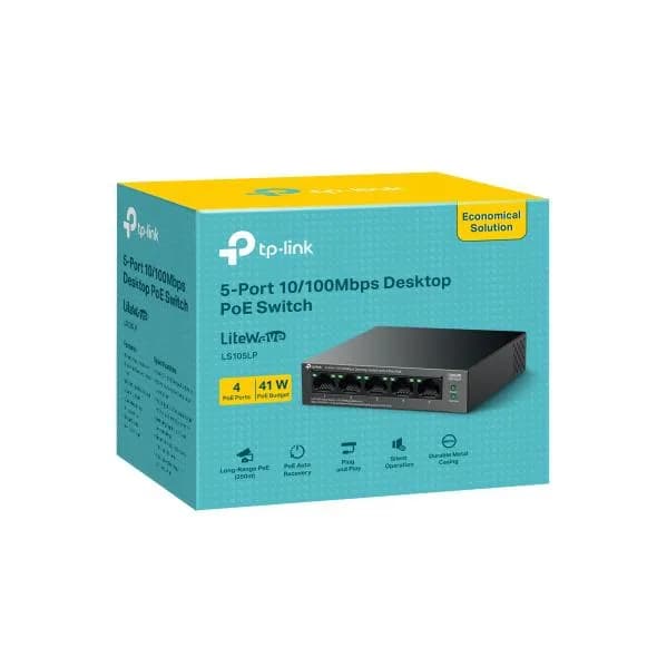 "5-Port 10/100 Mbps Desktop Switch with 4-Port PoE PORT: 4× 10/100 Mbps PoE Ports, 1× 10/100 Mbps Non-PoE Port SPEC: 802.3af, 41 W PoE Power, Desktop Steel Case FEATURE: Extend Mode for 250m PoE Transmitting, PoE Auto Recovery, Plug and Play" — miniatură