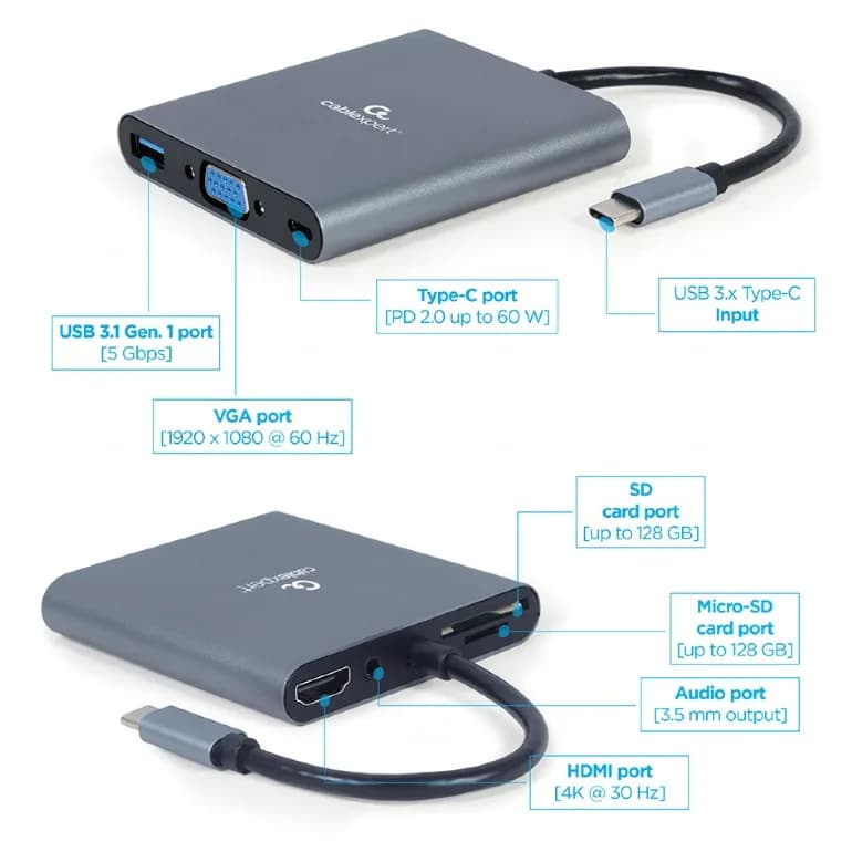 DOCKING Station Gembird universal, 6-in-1, conec PC USB Type C, USB-C x 1, USB-A 3.1 x 1, porturi video HDMIx1, VGAx1, PD 60 W, SD, microSD, Audio, argintiu "A-CM-COMBO6-01" — miniatură