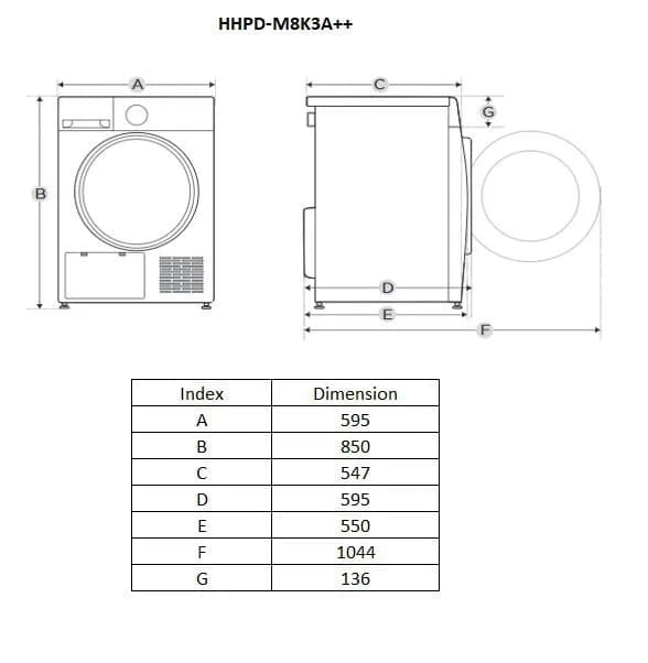 Uscator de rufe HEINNER HHPD-M8K3A++, 8 kg, Clasa: D, Alb — miniatură