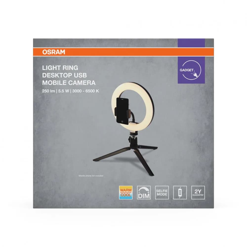 Lampa LED circulara portabila OSRAM Selfie RING, 5.5W, 250 lm, lumina alba(3000-6500K), dimabila, 1xCR2032, telecomanda, IP20, Ø20cm / ↕ 33cm, Negru
