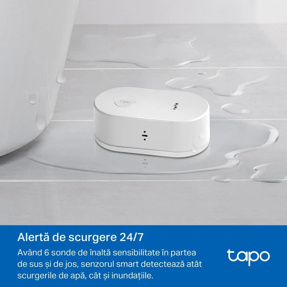 TP-LINK TAPO T300, Senzor smart de scurgeri de apa (necesită Hub Tapo), Wireless: 868, Alimentare: 2 baterii tip AAA (incluse), Dimensiuni: 84.5 × 46.5 × 30 mm. — miniatură