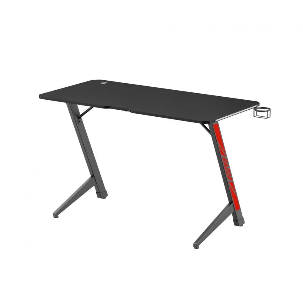 Birou Gaming Serioux Razor cu LED RGB, Material: MDF și melamină, plastic, oțel, Dimensiuni birou 1200x600x750mm, Dimensiuni blat (LxlxA) 1200x600x15mm, Greutate suportata 75kg, Iluminare ambientală LED cu gradient multicolor, Culoare: negru mat și roșu mat — miniatură