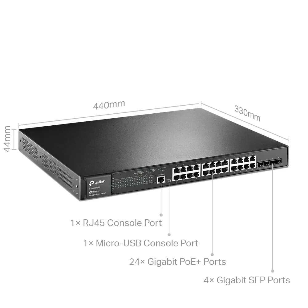 Switch TP-Link cu management L2, 24 Porturi Gigabit POE+, 4× Gigabit SFP Slots, 1× RJ45 Console Port, 1× Micro-USB Console Port "SG3428MP" — miniatură