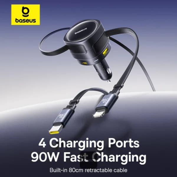INCARCATOR auto Baseus Enjoyment Max, Quick Charge 90W, 1 x USB, cablu retractabil integrat 2 x USB Type-C, pt. bricheta auto, negru "C00035507121-03" - 6932172682606 — miniatură