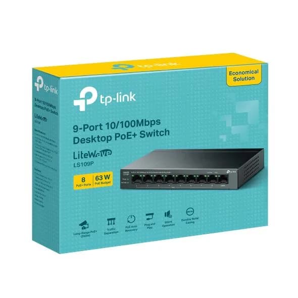 "9-Port 10/100 Mbps Desktop Switch with 8-Port PoE+ PORT: 8× 10/100 Mbps PoE+ Ports, 1× 10/100 Mbps Non-PoE Port SPEC: 802.3at/af, 63 W PoE Power, Desktop Steel Case FEATURE: Extend Mode for 250m PoE Transmitting, Isolation Mode, PoE Auto Recovery, Plug and Play" — miniatură