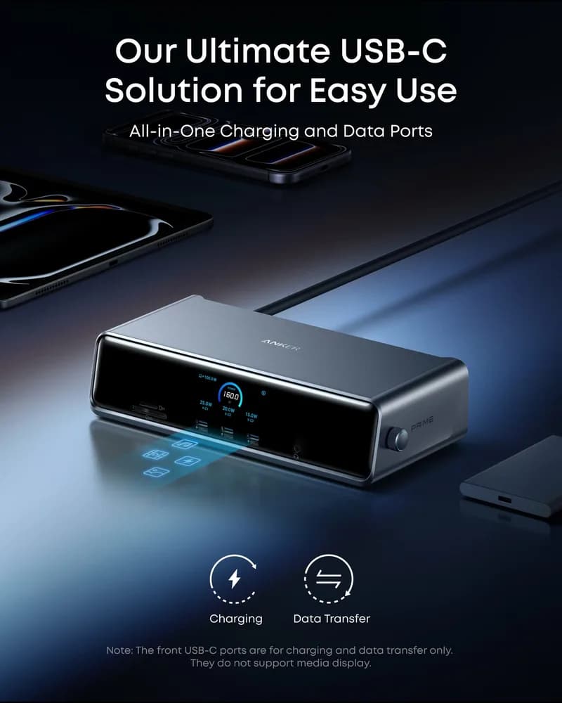 DOCKING Station Anker Prime 14-in-1, porturi: 3 x USB-C, 3 x USB-A, 2xHDMI, 1xDisplay port, RJ-45 2.5Gbps, SD,TF, afisaj digital, PD 140W, conectare prin USB-C, retea, gri, "A83B33A1" ( - 0194644291846 — miniatură
