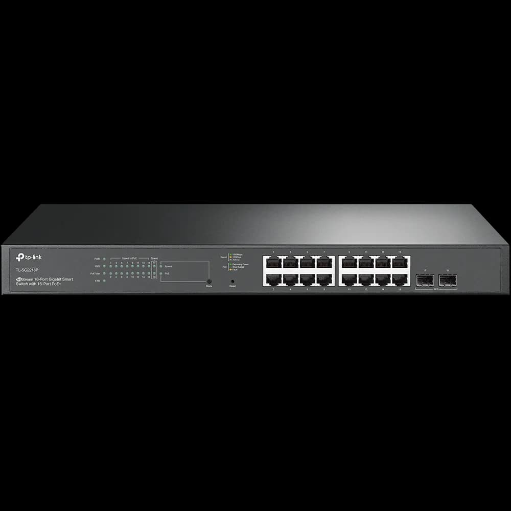 "JetStream™ 18-Port Gigabit Smart Switch with 16-Port PoE+ PORT: 16× Gigabit RJ45 Ports, 2× Gigabit SFP Slots SPEC: 802.3at/af, 150 W PoE Power, 1U 19-inch Rack-mountable Steel Case FEATURE: Integration with JetStream™ SDN Controller, Static Routing, 802.1Q VLAN, STP/RSTP/MSTP, IGMP Snooping