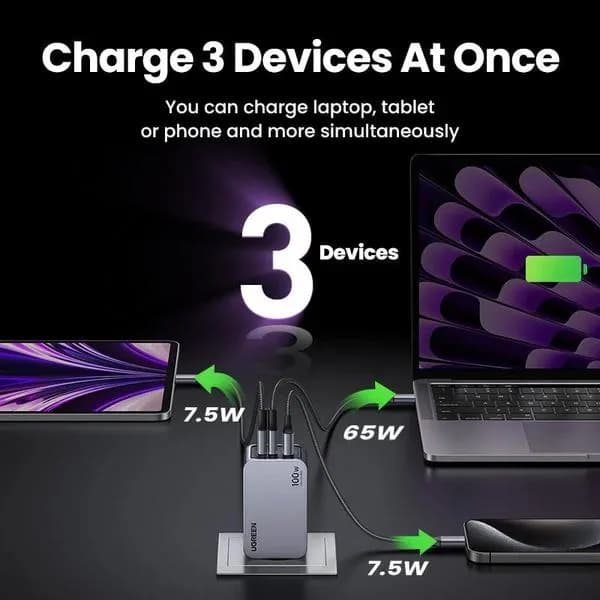 INCARCATOR retea Ugreen, Nexode "X757" Quick Charge 100W GaN, 1 x USB, 2 x USB Tpe-C, include cablu USB Type-C la USB Type-C 240W 1.5 m, gri "25874" - 6941876228744 — miniatură