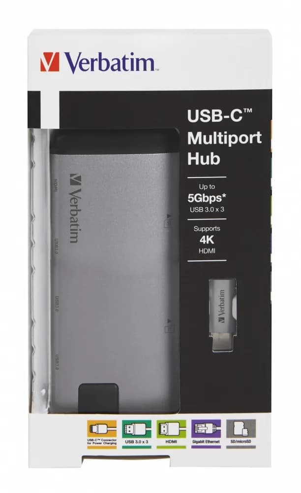 HUB extern VERBATIM, Gigabit LAN x 1, USB 3.0 x 3, HDMI x 1 (4K@30Hz), USB Type C x 1, SD x 1, microSD x 1, conectare USB Type C, cablu 15 cm, max. 3A, brushed metal "49142" — miniatură
