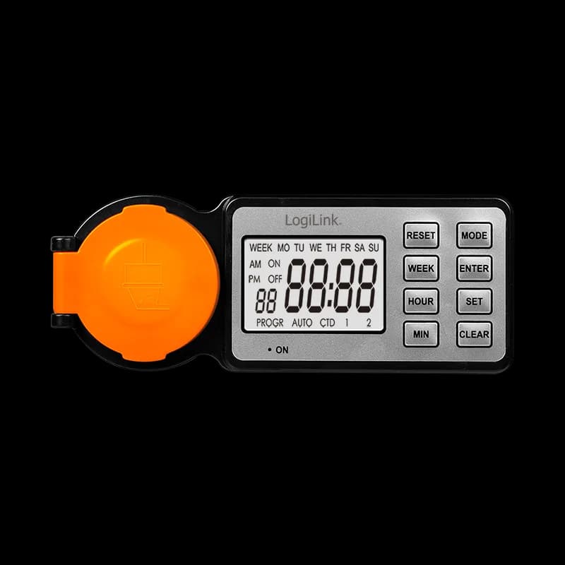 PRELUNGITOR LOGILINK, Schuko x 1, 230 V/16 A, 50 Hz, max. 3500 W, timer, LCD, 8 butoane operare, IP44, de exterior, negru-portocaliu, "ET0016" — miniatură