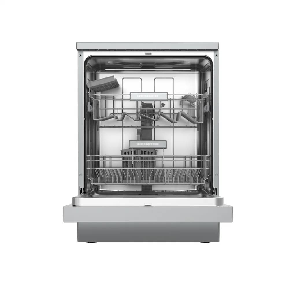 MASINA DE SPALAT VASE HEINNER HDW-FSM60514xE++. 14 SETURI, CLASA DE EFICIENTA ENERGETICA E, CONTROL ELECTRONIC, 5 PROGRAME: INTENSIV, UNIVERSAL, ECO, 90 MIN, RAPID (30 MIN), FUNCTIE HALF LOAD, PORNIRE INTARZIATA (3H, 6H, 9H), COS SUPERIOR AJUSTABIL PE INALTIME (GOL), COS TACAMURI, AQUASTOP, BLOCARE — miniatură