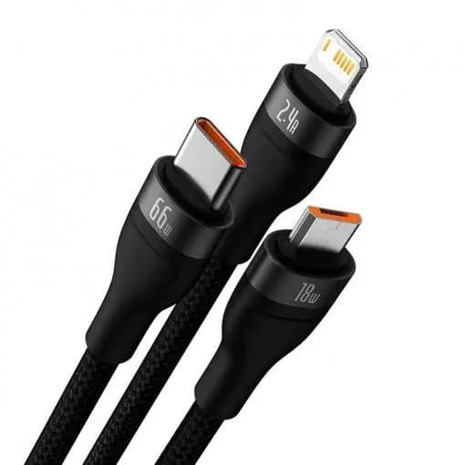 CABLU alimentare si date Baseus Flash, One-for-three Retractable, pt smartphone,USB la Micro-USB+Lightning + USB Type-C 66W, 1.2m, negru "CASS040001" - 6932172618100 — miniatură