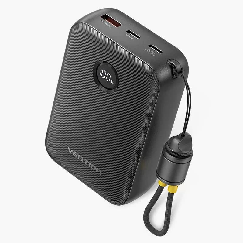 Power Bank Vention 20000mAh Power Bank (USB-C + USB-C/USB-C/USB-A) with Built-in USB-C to USB-C Cable 22.5W Black LED Display Type, "FKBB0-C" - 6922794791312