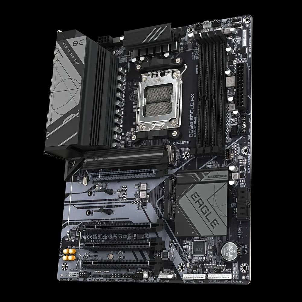 PLACI de BAZA Gigabyte AMD B650 | 4xDDR5 7600(OC) | 1xDP, 1xHDMI, 1xUSB-C, with USB 3.2 Gen 1, 2xUSB 3.2 Gen 2 Type-A, 6 x USB 2.0/1.1 ports, 1xRJ-45 port, 3xjacks | ATX "B650 EAGLE AX" — miniatură