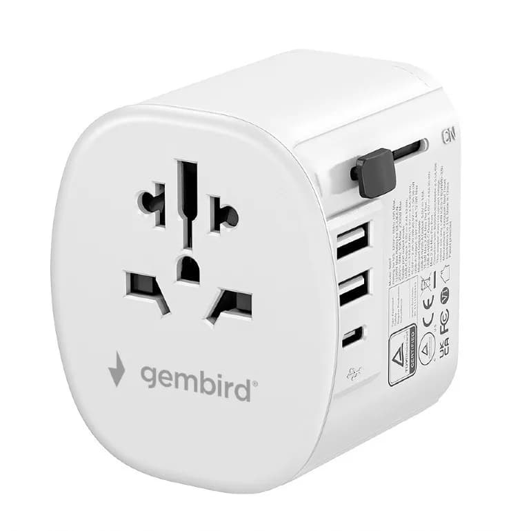 ADAPTOR GEMBIRD, universal, conectori: US/UK/EU/AU, 1x USB Type-C 15W, 2x USB-A 12W, siguranta 10A, max. 2300W, alb, "TPA-EU2A1C15-01-W" — miniatură