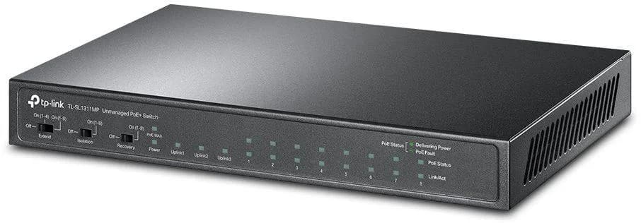 "8-Port 10/100Mbps + 3-Port Gigabit Desktop Switch with 8-Port PoE+ PORT: 8× 10/100 Mbps PoE+ Ports, 2× Gigabit Non-PoE Ports, 1× Gigabit SFP Slots SPEC: 802.3at/af, 124 W PoE Power, Desktop Steel Case FEATURE: Extend Mode for 250m PoE Transmitting, Isolation Mode, PoE Auto Recovery, Plug and Play"