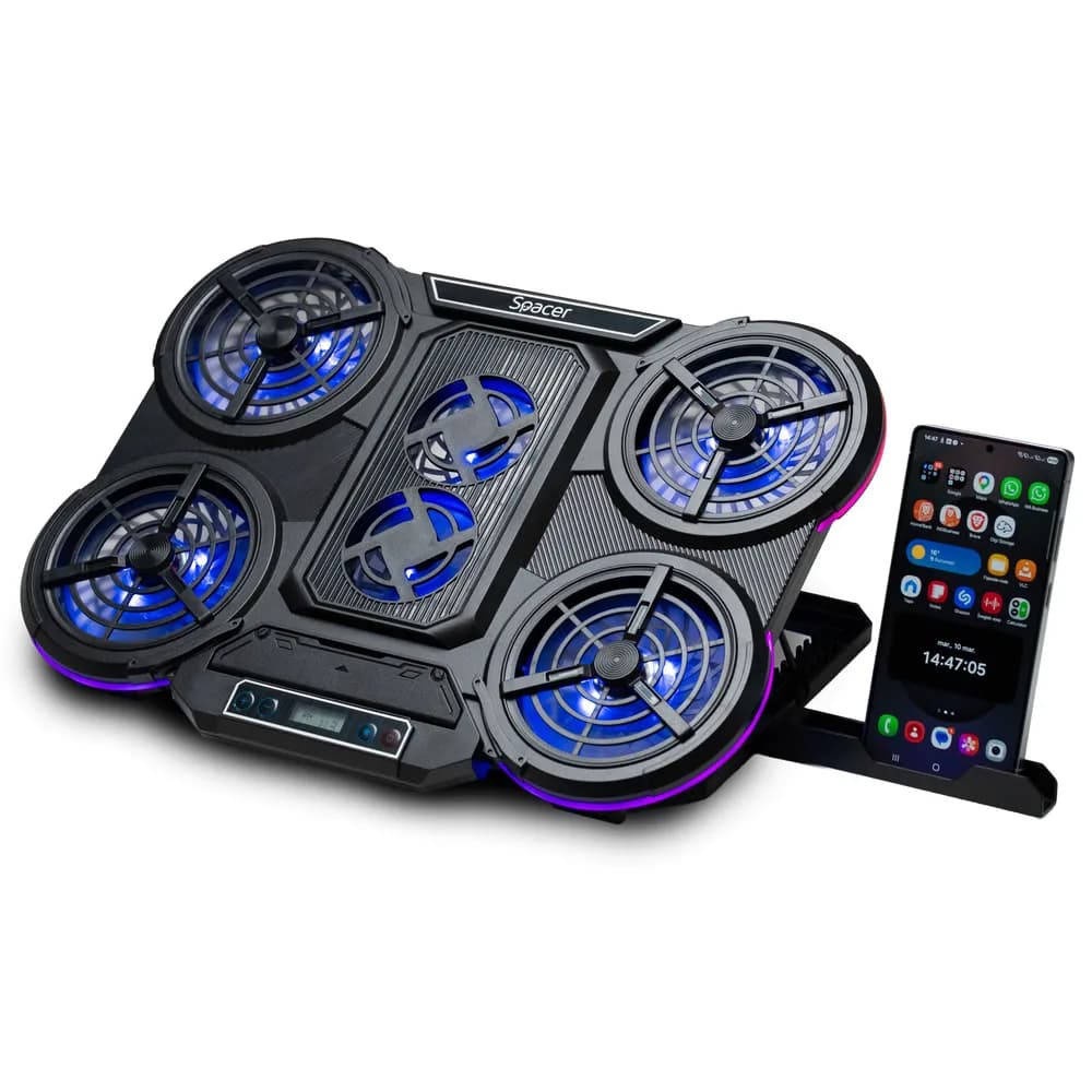 Stand/Cooler notebook Spacer SPNS-GAMING-6F, pana la 17 inch, 6 ventilatoare, negru — miniatură