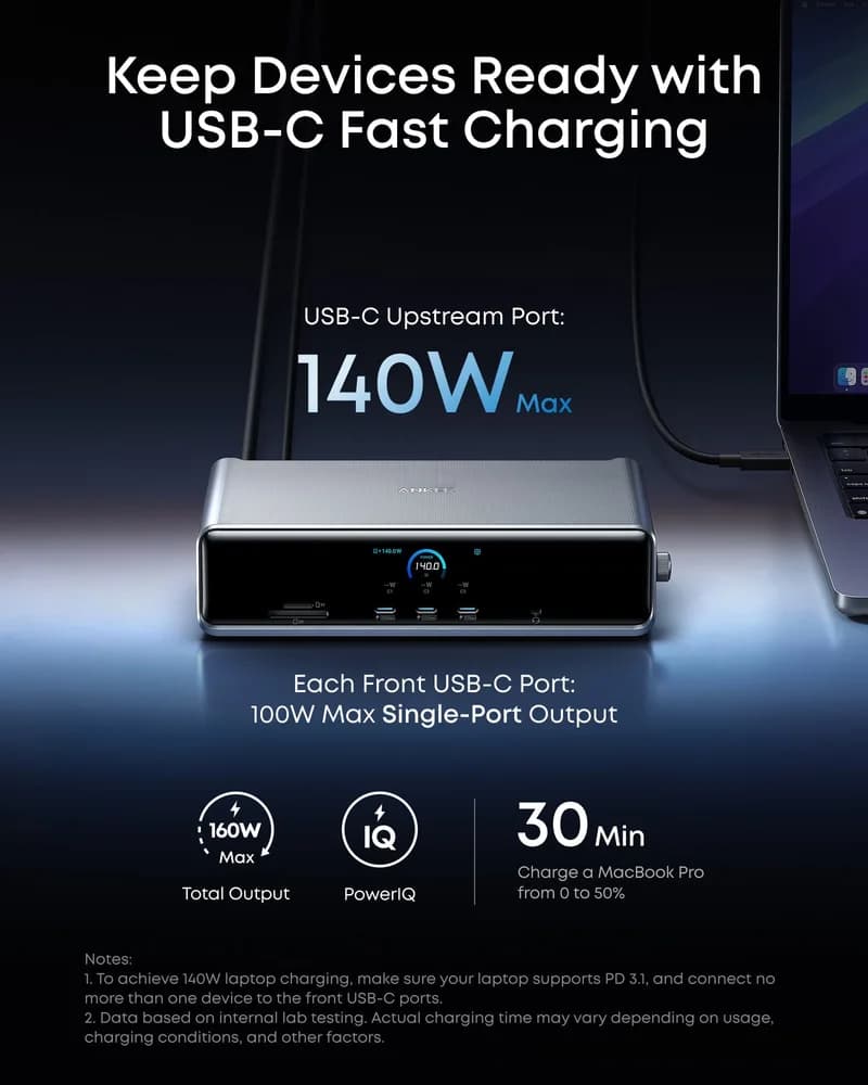 DOCKING Station Anker Prime 14-in-1, porturi: 3 x USB-C, 3 x USB-A, 2xHDMI, 1xDisplay port, RJ-45 2.5Gbps, SD,TF, afisaj digital, PD 140W, conectare prin USB-C, retea, gri, "A83B33A1" ( - 0194644291846 — miniatură