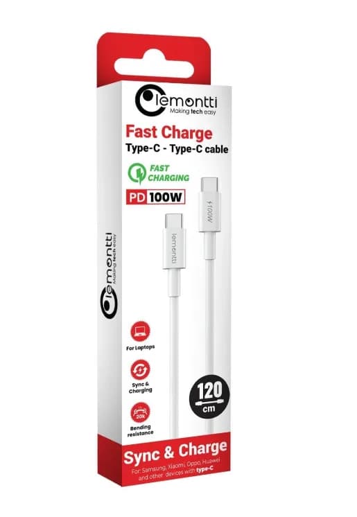 Cablu Lemontti Fast Charge Type-C la Type-C, PD, 100W, lungime1.2m, Alb — miniatură