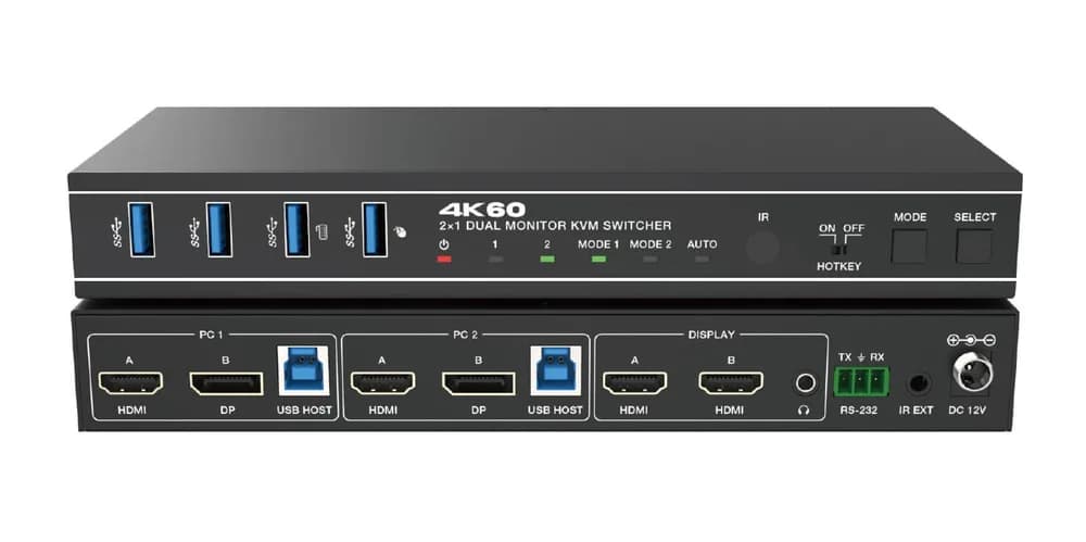 Switcher KVM 2x1,Dual=HDMI+DisplayPort=4K@60 Monitor,18Gbps,HDCP2.3,HDR/HDR10/HDR10+/Dolby Vision,RS232 si telecomanda
