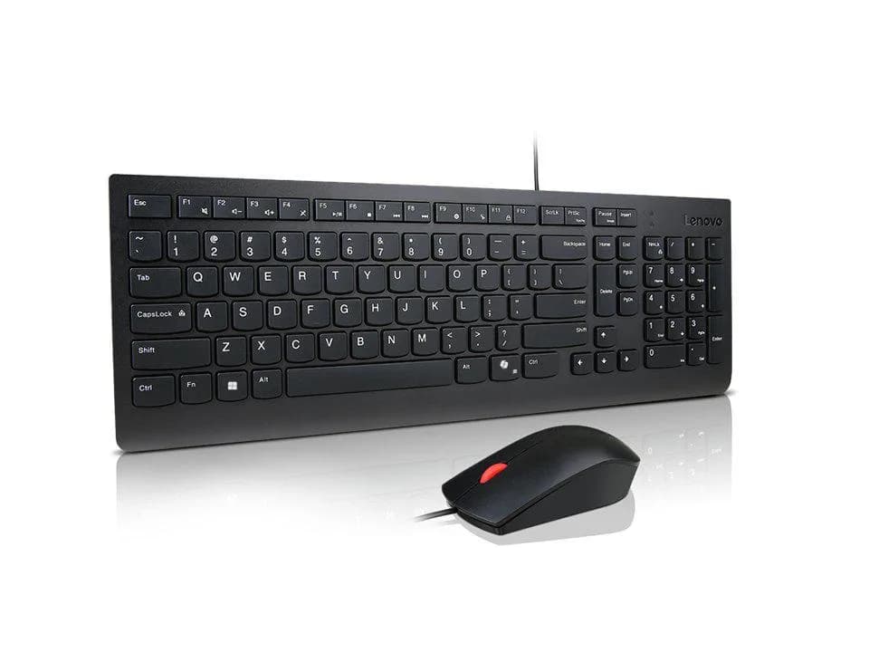 Lenovo Essential Wired Combo Keyboard and Mouse; Connectivity: Wired; Number of Button: 3; Mouse Resolution: 1600 DPI; Mouse Sensor: Optical sensor; Product Weight: Keyboard - 0.57 kg, Mouse - 69 g; Packed Weight: 0.91 kg; Color: Black; Warranty Period: Warranty Period