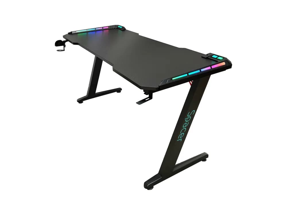 BIROU GAMING Spacer, dimensiuni 1400 x 600 x 18 mm, blat MDF invelit in fibra de carbon, suport casti, suport cana/pahar, picioare reglabile manual, RGB, telecomanda wireless 46501472 "SPGD-RGB-140-01" — miniatură