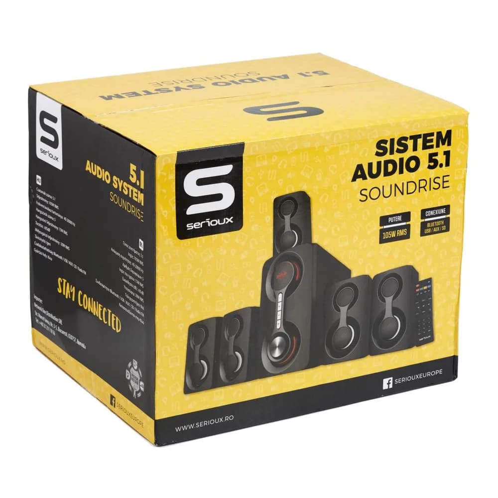 Boxe Serioux 5.1 SoundRise 51105W, putere totala 105W RMS, tip 5.1, sateliti 5 x 15W, subwoofer 30W, Conectivitate: Bluetooth, USB, AUX, SD, Radio FM, negre, SRXS-51105W — miniatură