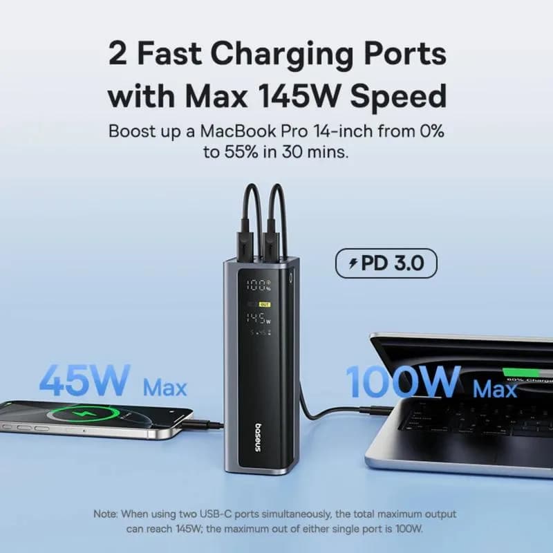POWER BANK Baseus EnerGeek GP12, 20800mAh, 2 x USB Type-C, 2 x USB, 145W, display, include cablu USB Type-C la USB Type-C 1m, negru, "P10082109813-00" - 6932172687571 — miniatură