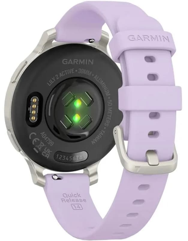 Ceas Garmin Lily 2 Active, display AMOLED, dimensiune afisaj 25,4 mm x 21,3 mm, rezolutie afisaj 240 x 201 pixeli, memorie 8GB, autonomie pana la 9 zile, rezistanta la apa pana la 5 ATM, greutate: 24,4g, ramă Argintiu, şi curea Purple Jasmine din silicon — miniatură