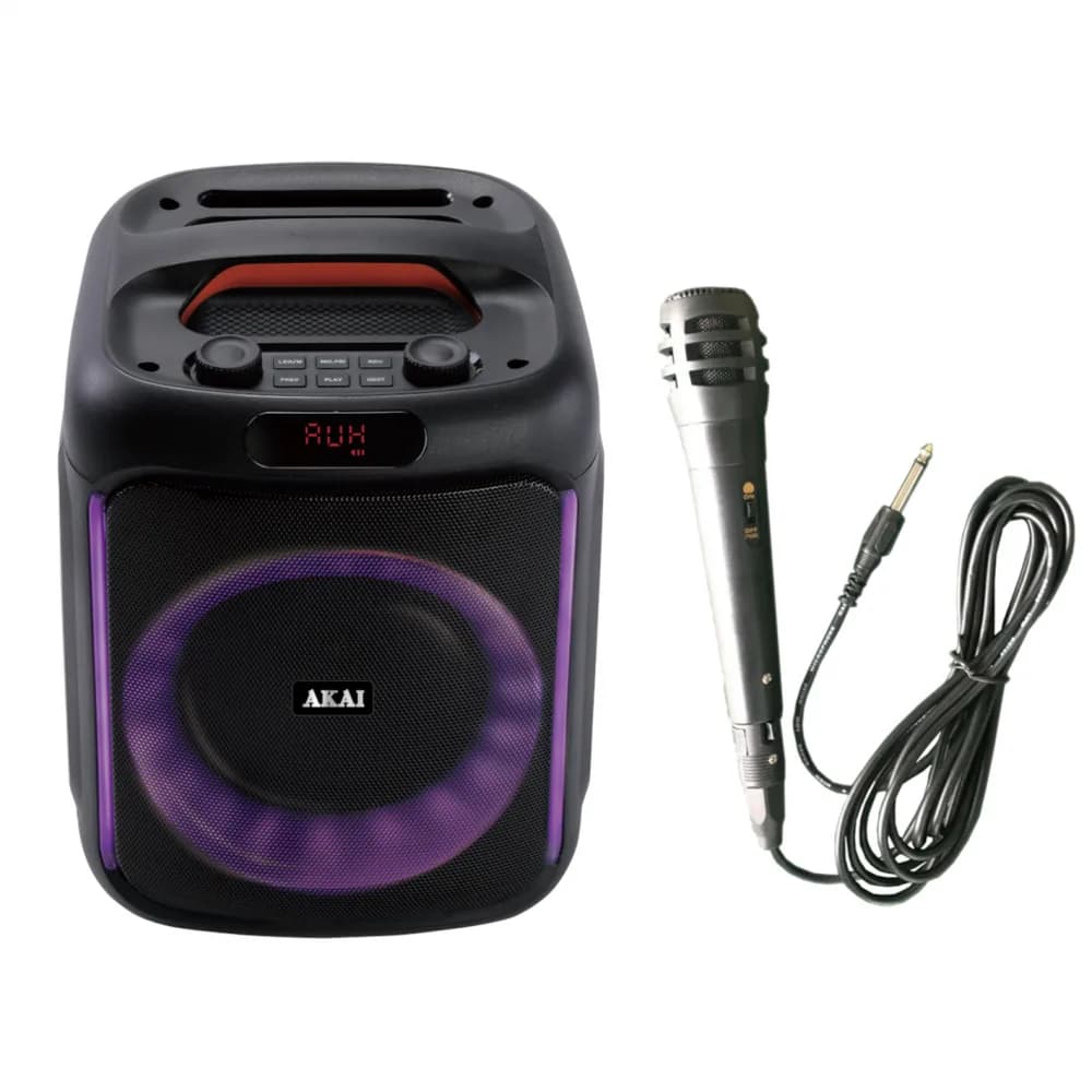 Boxa portabila Akai Bluetooth 5.0, putere RMS 50W, puterea de emisie a canalului Bluetooth 2dbm, frecvența radio FM: 87,5-108MHZ, Frecvența radio FM: 87,5-108MHZ, raspuns in frecventa 55Hz-20KHz, sursa de alimentare: 5V/1A, baterie: 7,4 V, 1500 mAh, difuzoare dimensiune 6,5 inch*1, timp de incarcare — miniatură