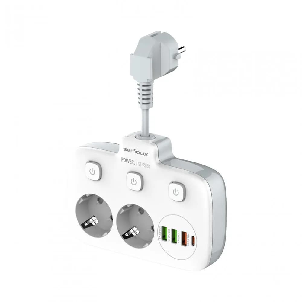 Prelungitor tip priza cu protectie Serioux Quick Charge 3.0, parametri nominali: 2500W-10A(Max) 250V, Intrare: AC100-250V 10A 50/60HZ, Ieșire PD: 5V=3A 9V=2.22A 12V=1.67A 20W (MAX), Ieșire QC: 5V-3A 9V=2A 12V=1.5A 18W (MAX), Ieșire Auto-ID: 5V-2.4A 12W (MAX) Putere totală: 20W MAX — miniatură