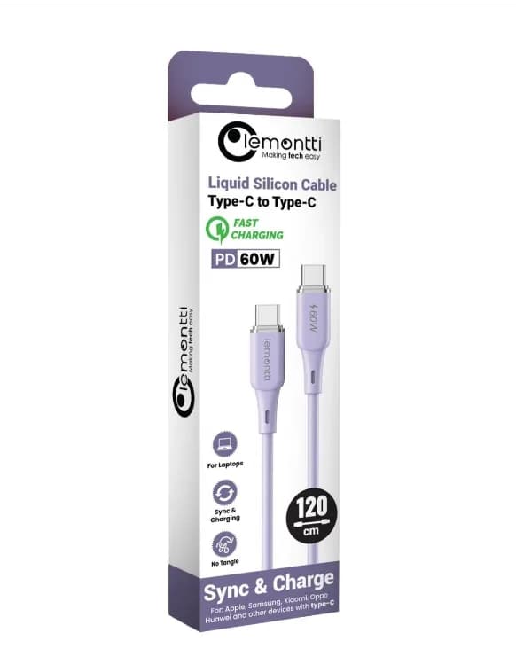 Cablu Lemontti Liquid Silicon Type-C la Type-C, Fast Charge, PD 60W, lungime 1.2m, Mov — miniatură