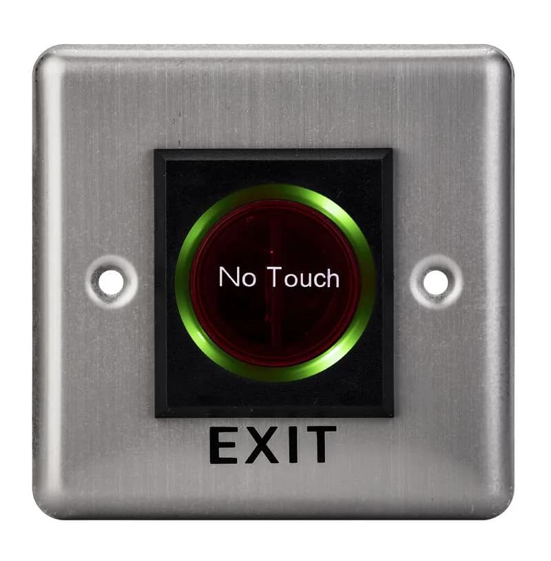 Buton de iesire cu infrarosu, incastrabil, ND-EB15-2;Iesire contact:NO/NC; Icon: No Touch; LED stare Bi-color: albastru- verde; Distanta actionare: 5-15cm; Dimensiuni: (L x W x H)86 x 86 x 25mm;