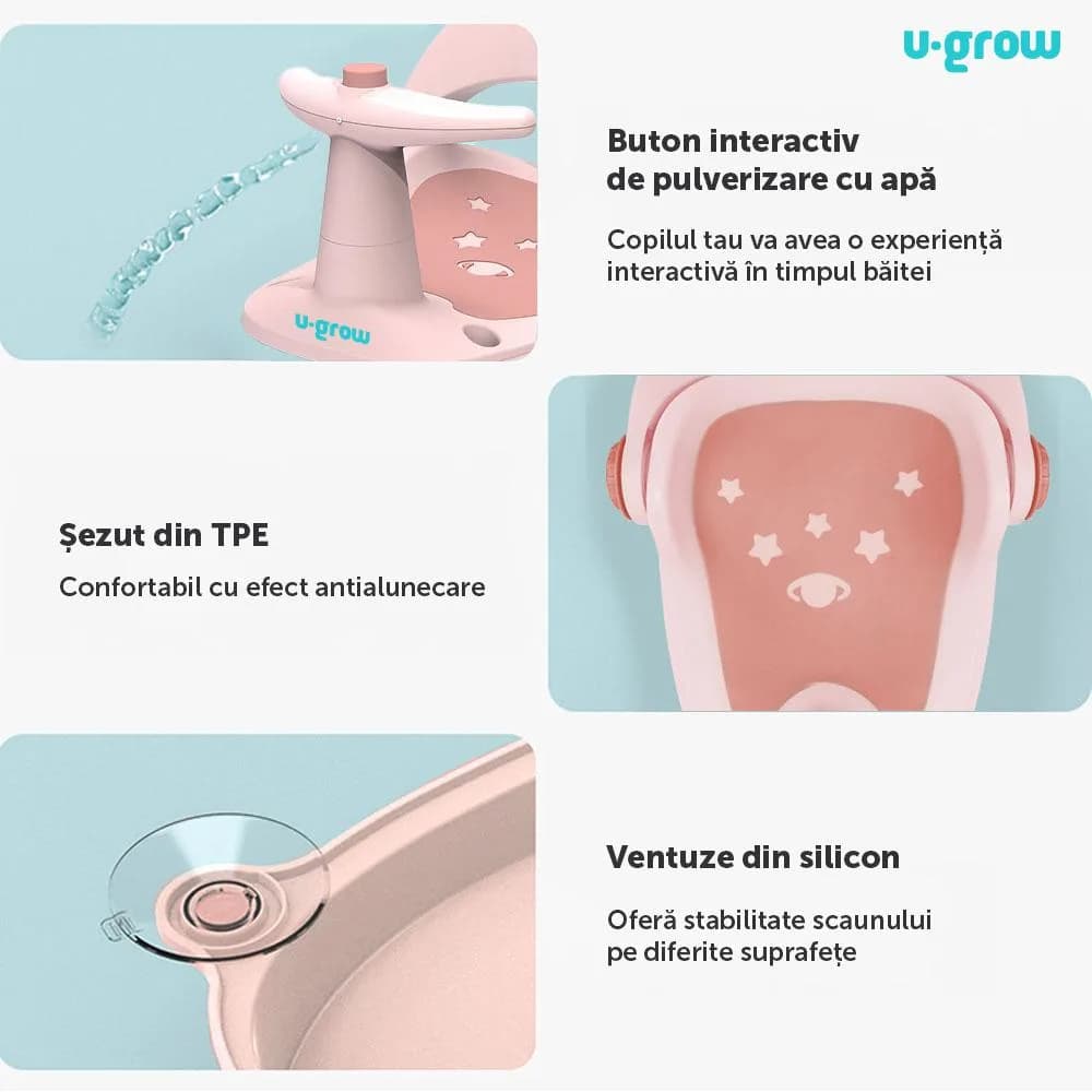 Scaun baie bebe cu ghidon, spatar reglabil, roz pal, U-Grow — miniatură