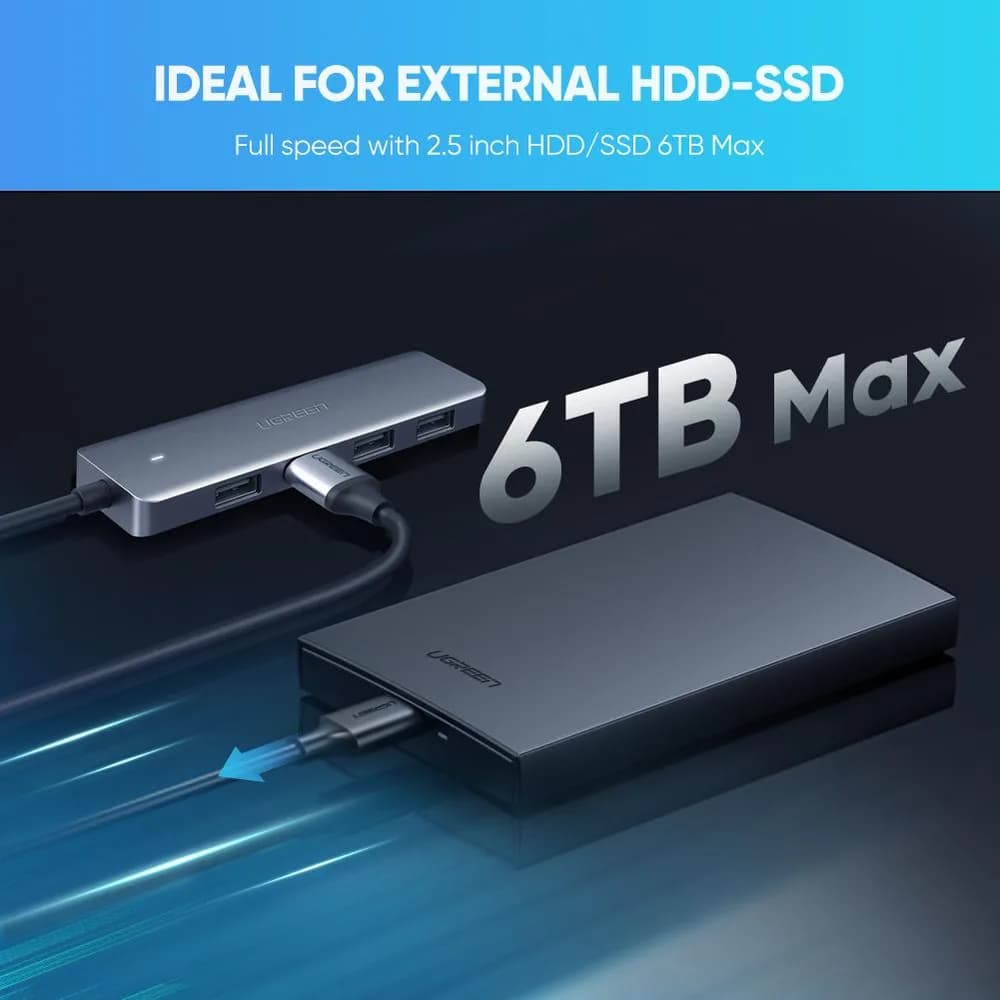 HUB extern Ugreen, "CM219" porturi USB: USB 3.0 x 4, conectare prin USB Type-C, aluminiu, lungime 15 cm, gri, "70336" - 6957303873364 — miniatură