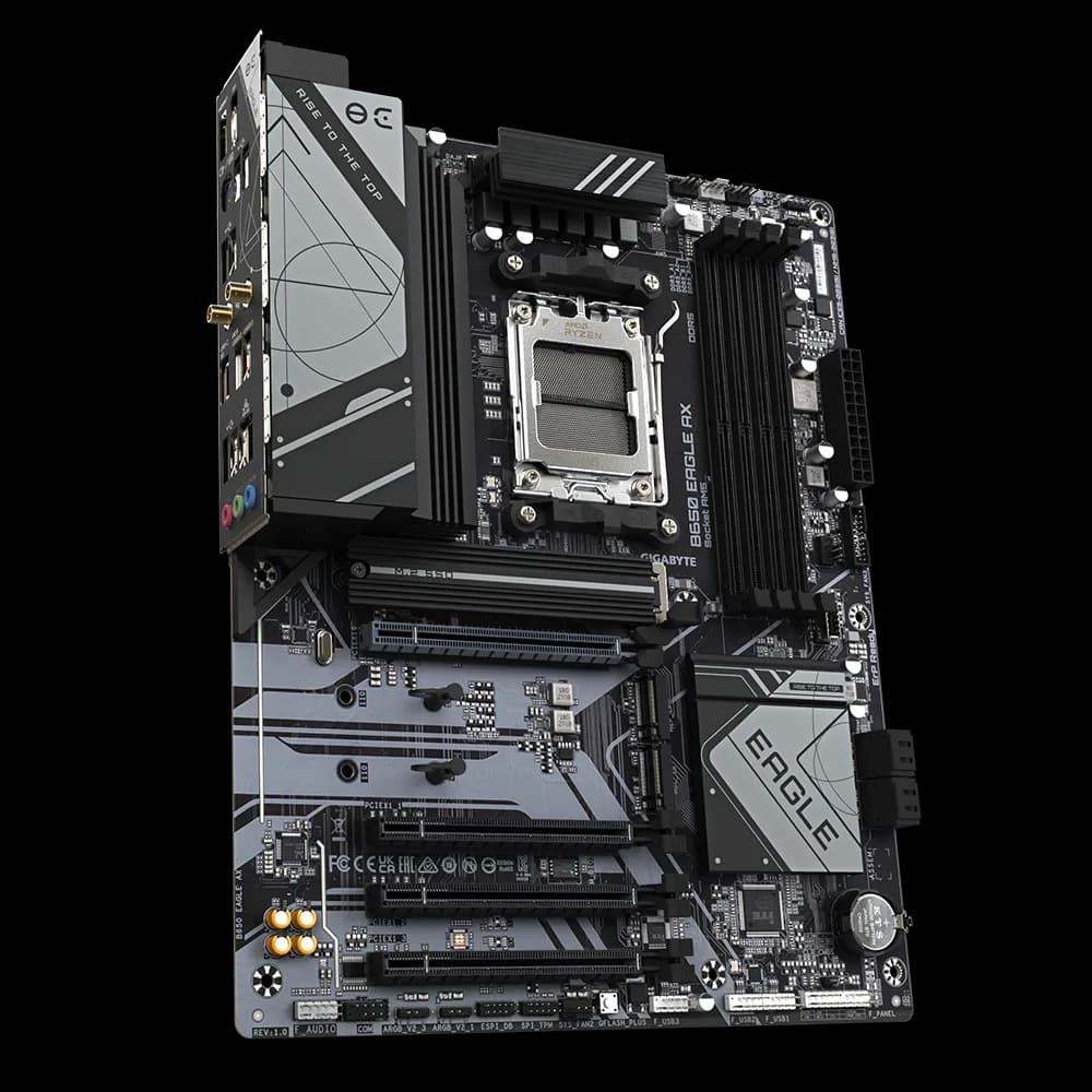 PLACI de BAZA Gigabyte AMD B650 | 4xDDR5 7600(OC) | 1xDP, 1xHDMI, 1xUSB-C, with USB 3.2 Gen 1, 2xUSB 3.2 Gen 2 Type-A, 6 x USB 2.0/1.1 ports, 1xRJ-45 port, 3xjacks | ATX "B650 EAGLE AX" — miniatură