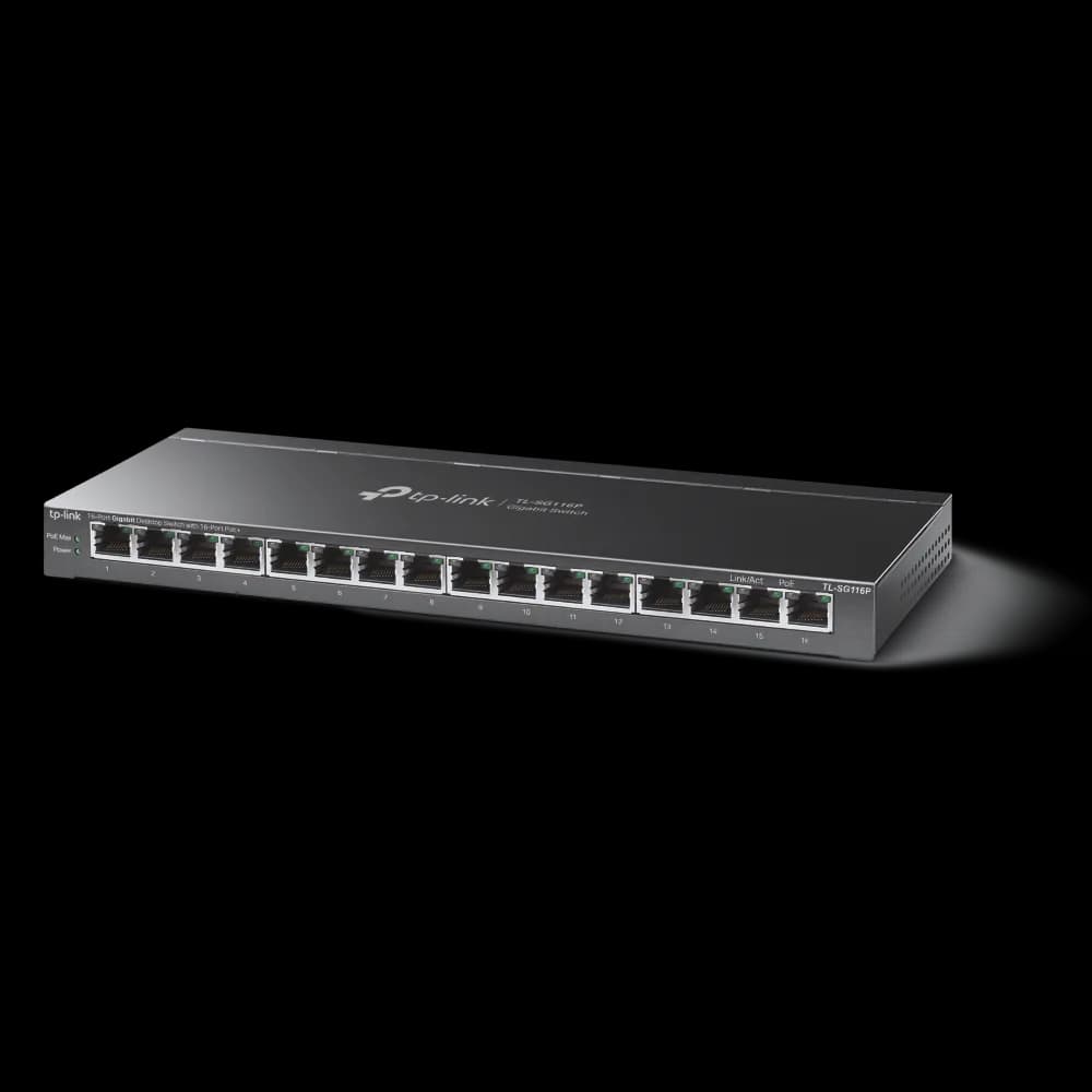 "16-Port Gigabit Desktop Switch with 16-Port PoE+ PORT: 16× Gigabit PoE+ Ports SPEC: 802.3at/af, 120 W PoE Power, Desktop Steel Case FEATURE: Extend Mode for 250m PoE Transmitting, Priority Mode for Port1-4, Isolation Mode, PoE Auto Recovery, Plug and Play" — miniatură