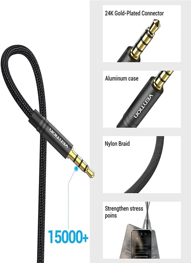 Cablu audio prelungitor Vention, Jack 3.5mm (T) la Jack 3.5mm (M), 2m, negru, "BHBBH" — miniatură