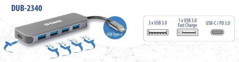 Docking station D-Link DUB-2340, USB Type-C, 60W, Gri — miniatură