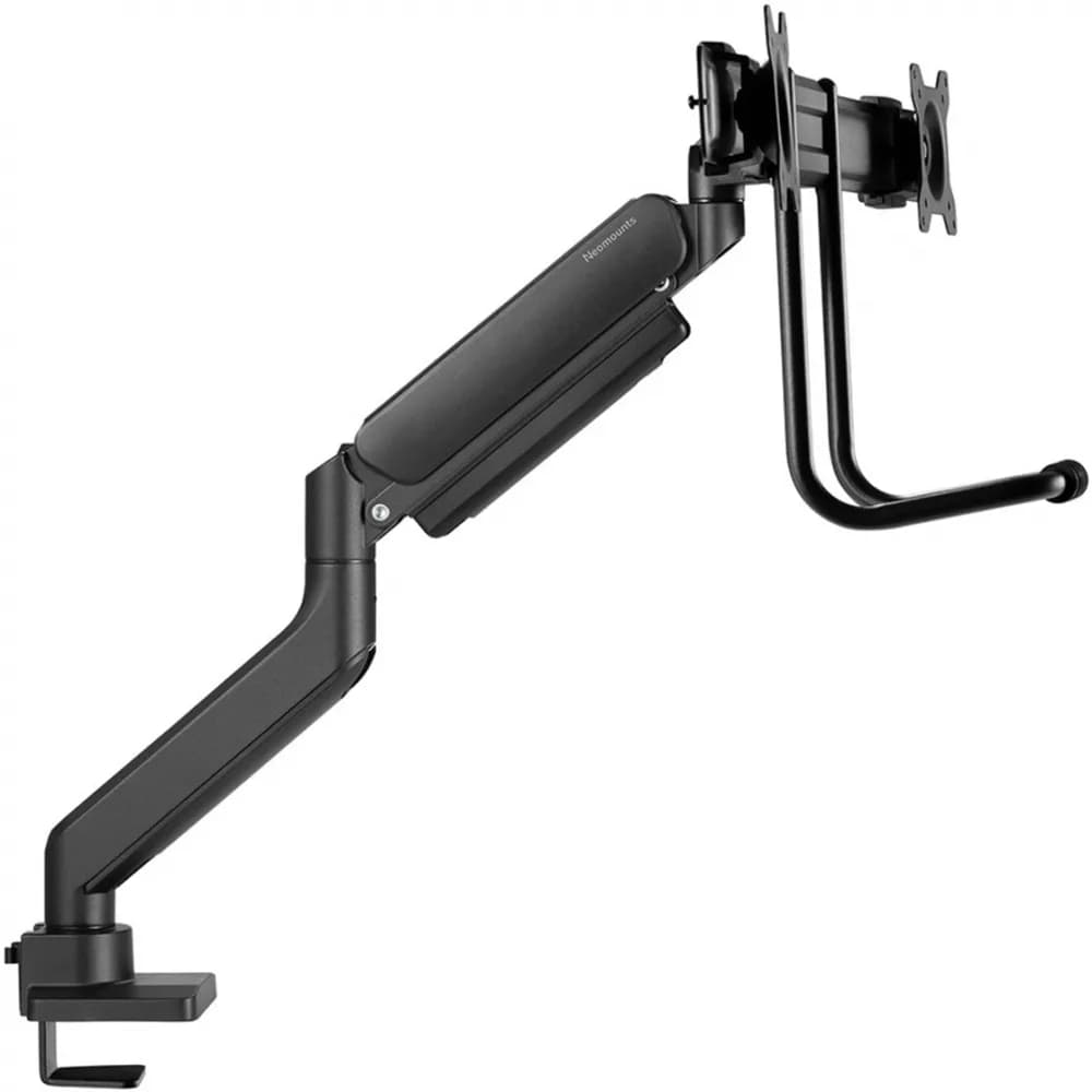 Brat dublu pentru monitor Neomounts, tip full motion, pentru display-uri cu diagonale 17"-32", sistem de prindere VESA 75x75~100x100mm, greutate maxima suportata 8kg per ecran, tilt +10°, -10°, swivel +90°, -90°, rotate +180°, -180°, reglabil pe inaltime 28cm, ajustarea latimii 54cm, ajustarea — miniatură
