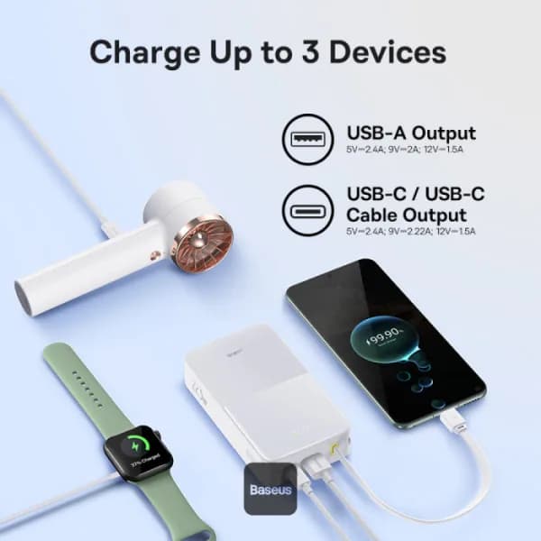 POWER BANK Baseus EnerFill FC51 Bipow2 Pro, 20000mAh, PD 22.5W, 1 x USB; 1 x cablu integrat USB Type-C, 1 x Type-C, digital display pt. status baterie,total 2.4A, alb "E0027700" - 6932172691882 — miniatură
