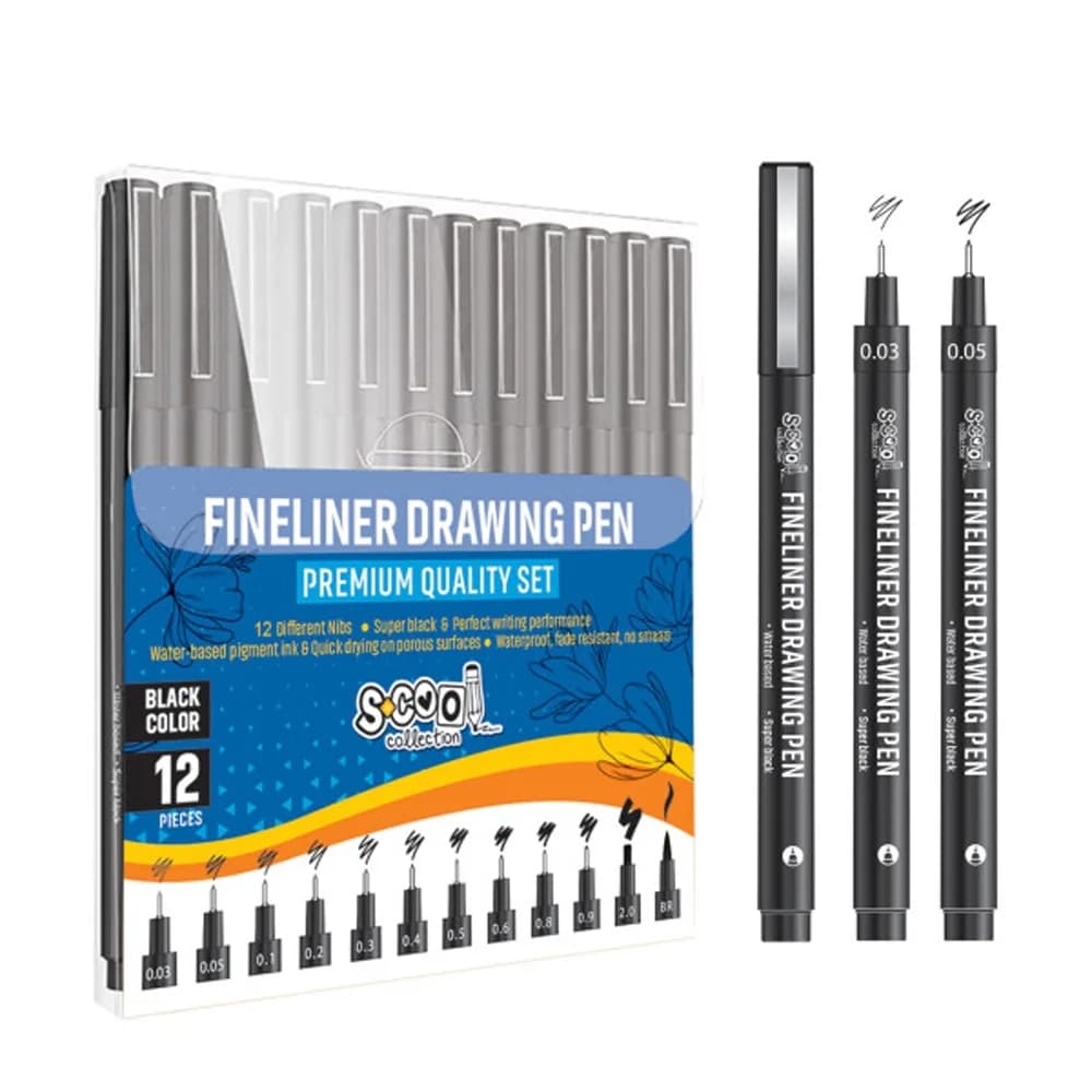 Fineliner, diferite dimensiuni 0.03-2 mm + varf tip pensula, 12 buc/set - S-COOL — miniatură